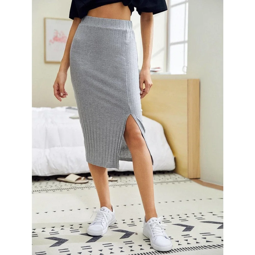 Slit Hem Rib knit Pencil Skirt midi business casual black - Picture 5 of 11